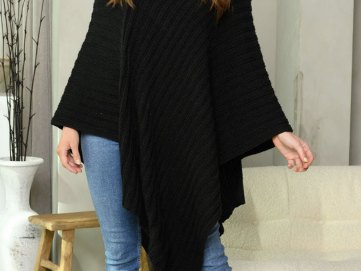 WOMEN'S RIBBED LONG PONCHO SWEATER