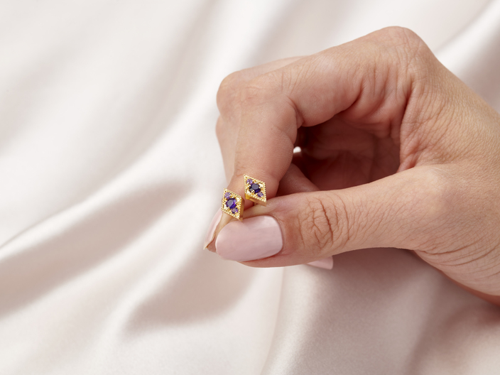 Diamond Shape Amethyst Stud Earrings in Gold Vermeil Hand Model